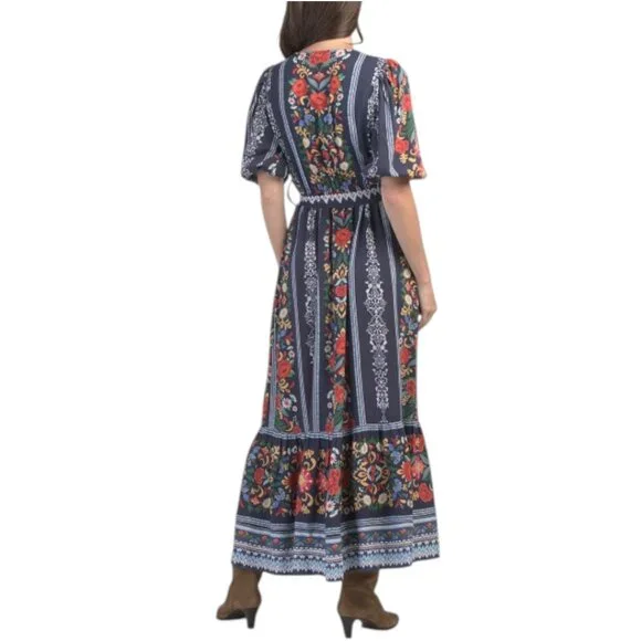 CELINA MOON Short Sleeve Floral Maxi Dress With Belt